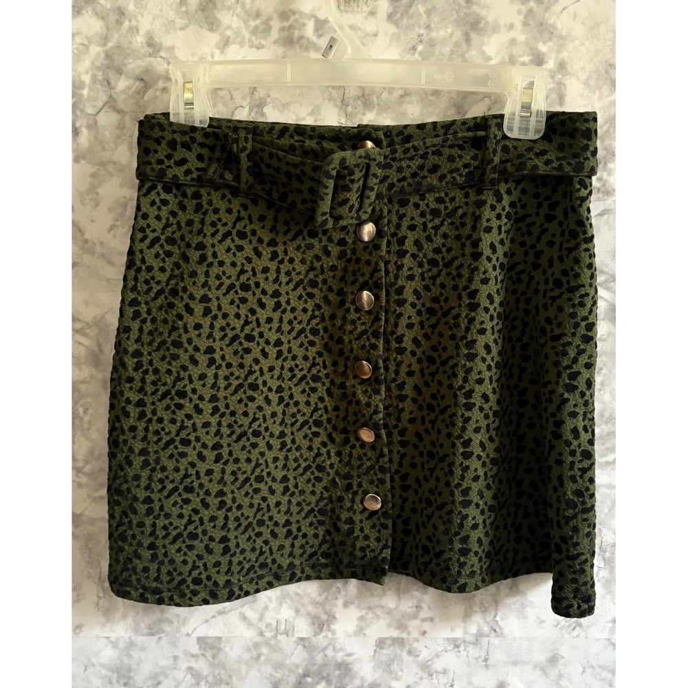 Zara Trafaluc Olive Green Black Leopard Print Belted Button Front Mini Skirt‎ M